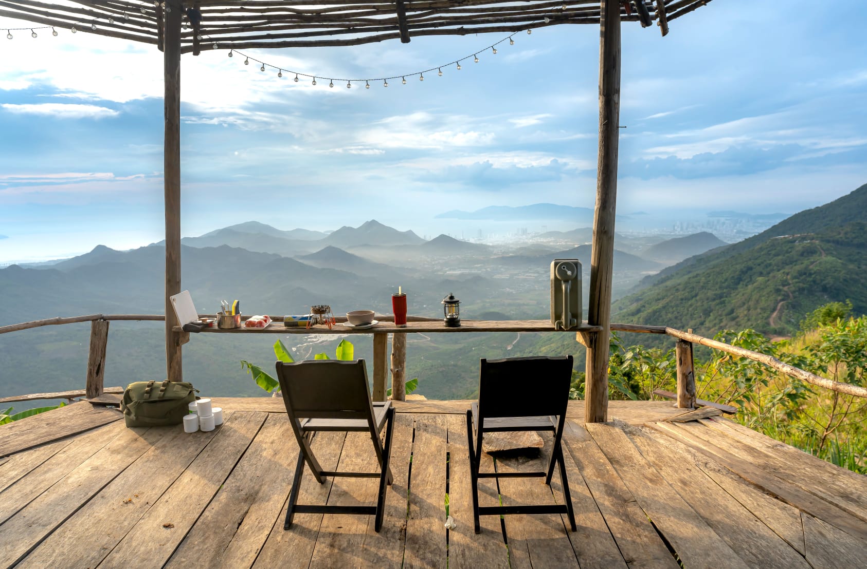 Mountain-view terrace set for a memorable holiday meal